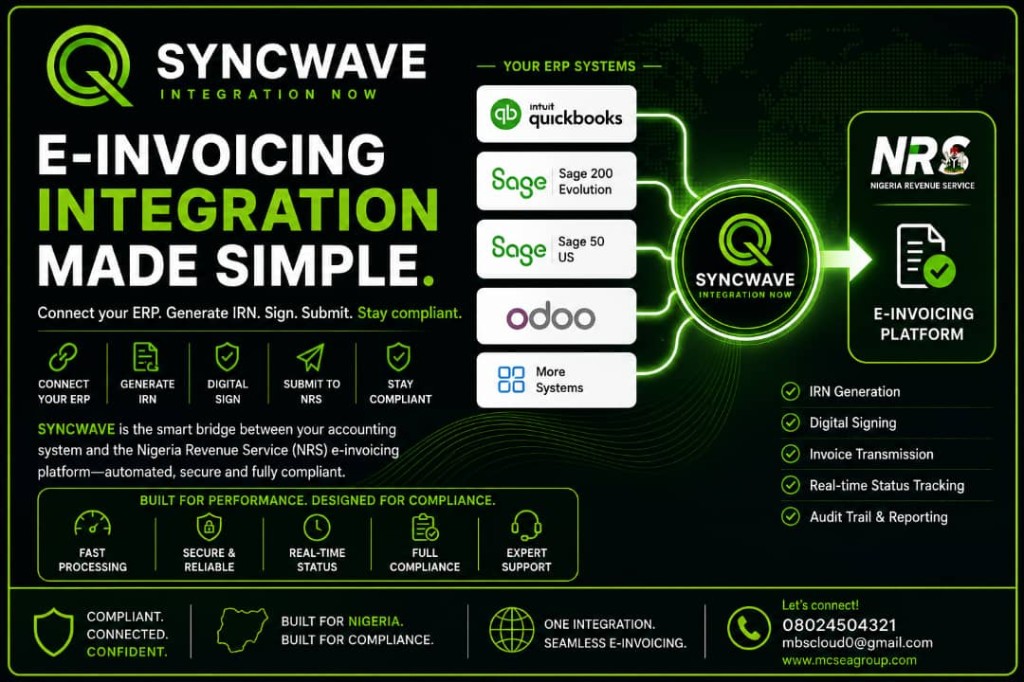 SYNCWAVE connects QuickBooks, Sage, and Odoo to the NRS e-invoicing platform for IRN generation, digital signing, transmission, status tracking, and audit reporting.